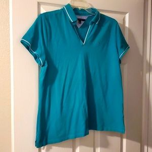 Tommy Hilfiger Women's XXL Teal Green V Neck Short Sleeve Cotton Polo Shirt